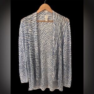 Chicos Linen Blend Open Front Long Sleeve Cardigan Blue White Sz L Beach Womens